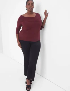 Sweaters^Lane Bryant Fitted Medium-Sleeve Asymmetrical-Neck Pullover Maroon Banner