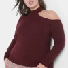 Sweaters^Lane Bryant Fitted Mock-Neck Cutout Pullover Sweater Maroon Banner