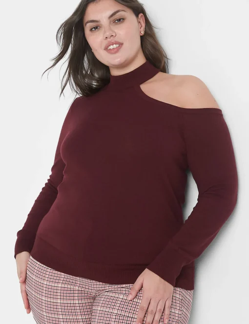 Sweaters^Lane Bryant Fitted Mock-Neck Cutout Pullover Sweater Maroon Banner