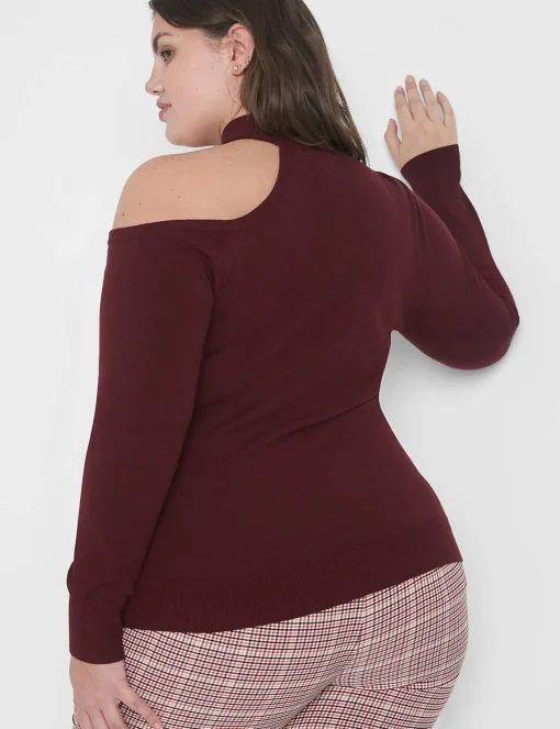 Sweaters^Lane Bryant Fitted Mock-Neck Cutout Pullover Sweater Maroon Banner
