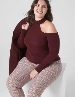 Sweaters^Lane Bryant Fitted Mock-Neck Cutout Pullover Sweater Maroon Banner