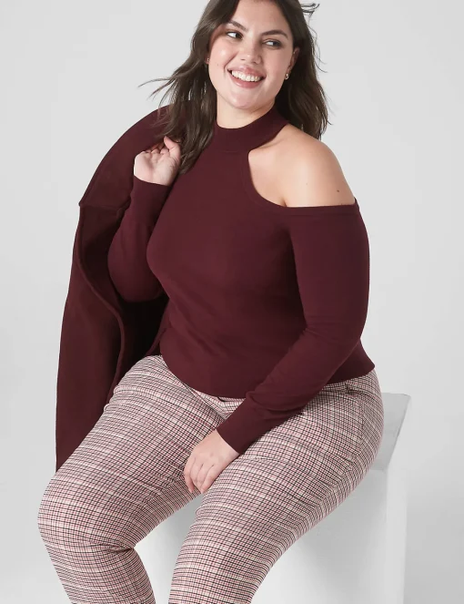 Sweaters^Lane Bryant Fitted Mock-Neck Cutout Pullover Sweater Maroon Banner