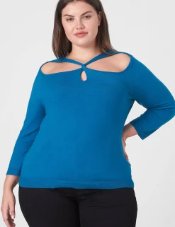 Sweaters^Lane Bryant Fitted 3/4-Sleeve Twist-Front Cutout Sweater Seaport