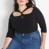 Sweaters^Lane Bryant Fitted 3/4-Sleeve Twist-Front Cutout Sweater Black