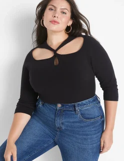 Sweaters^Lane Bryant Fitted 3/4-Sleeve Twist-Front Cutout Sweater Black