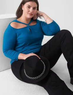 Sweaters^Lane Bryant Fitted 3/4-Sleeve Twist-Front Cutout Sweater Seaport
