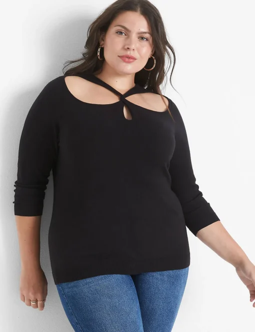 Sweaters^Lane Bryant Fitted 3/4-Sleeve Twist-Front Cutout Sweater Black