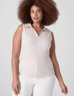 Knit Tops^Lane Bryant Fitted Sleeveless V-Neck Polo Beige Small Stripe