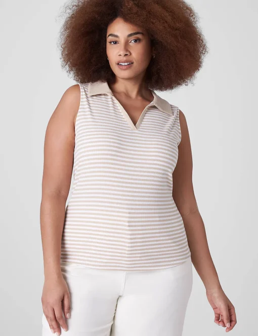 Knit Tops^Lane Bryant Fitted Sleeveless V-Neck Polo Beige Small Stripe