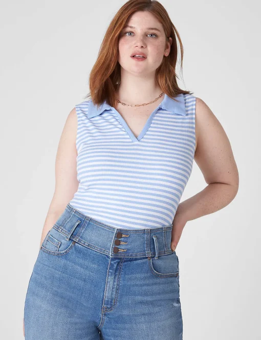 Knit Tops^Lane Bryant Fitted Sleeveless V-Neck Polo Blue Small Stripe
