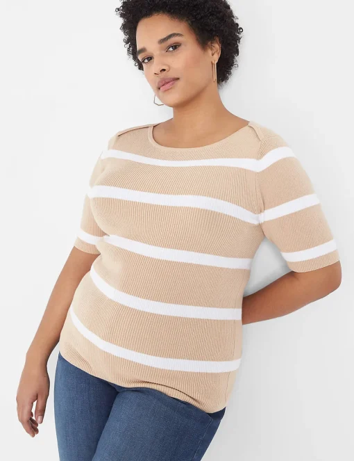 Sweaters^Lane Bryant Fitted Striped Boatneck Sweater Beige Stripe