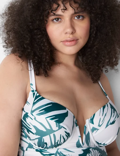Swim Tops^Lane Bryant Fitted Underwire Swim Tankini White Palm Leaves