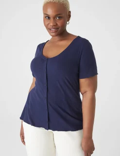 The Tee Shop^Lane Bryant Fitted V-Neck Button-Front Tee Maritime Blue