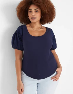 Knit Tops^Lane Bryant Fitted Woven Puff-Sleeve Rib Top Maritime Blue