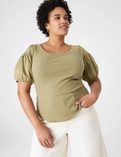 Knit Tops^Lane Bryant Fitted Woven Puff-Sleeve Rib Top Dried Herb