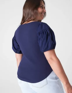 Knit Tops^Lane Bryant Fitted Woven Puff-Sleeve Rib Top Maritime Blue