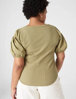 Knit Tops^Lane Bryant Fitted Woven Puff-Sleeve Rib Top Dried Herb