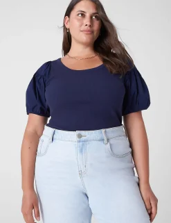 Knit Tops^Lane Bryant Fitted Woven Puff-Sleeve Rib Top Maritime Blue