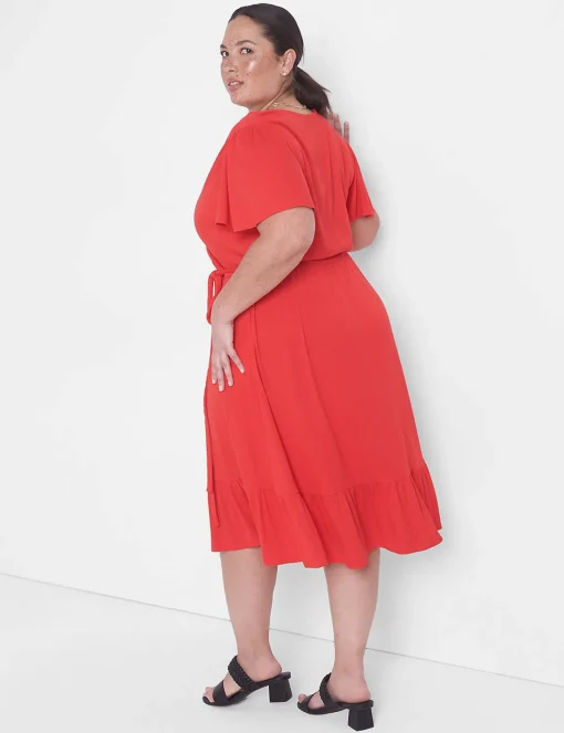 Fit & Flare^Lane Bryant Flutter-Sleeve Belted-Waist Fit & Flare Dress Pop Red