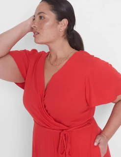 Fit & Flare^Lane Bryant Flutter-Sleeve Belted-Waist Fit & Flare Dress Pop Red