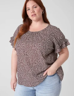 Shirts & Blouses^Lane Bryant Flutter-Sleeve Crew-Neck Top Brown Ditsy Floral