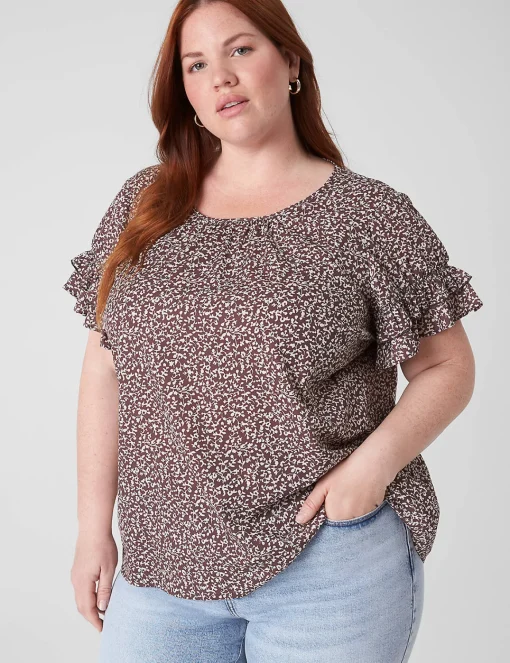 Shirts & Blouses^Lane Bryant Flutter-Sleeve Crew-Neck Top Brown Ditsy Floral