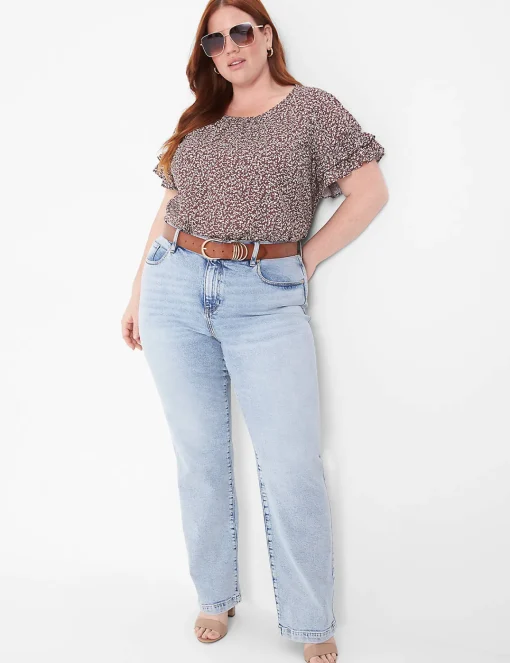 Shirts & Blouses^Lane Bryant Flutter-Sleeve Crew-Neck Top Brown Ditsy Floral