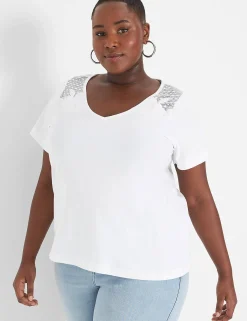 Knit Tops^Lane Bryant Flutter-Sleeve Embroidered Tee White