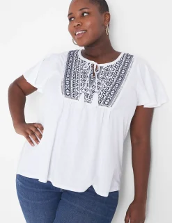 Knit Tops^Lane Bryant Flutter-Sleeve Embroidered Yoke Top White