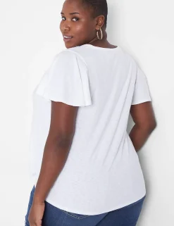 Knit Tops^Lane Bryant Flutter-Sleeve Embroidered Yoke Top White