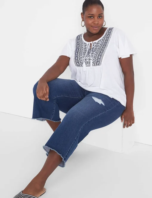 Knit Tops^Lane Bryant Flutter-Sleeve Embroidered Yoke Top White