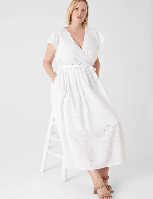 Occasion^Lane Bryant Flutter-Sleeve Eyelet Maxi Dress White