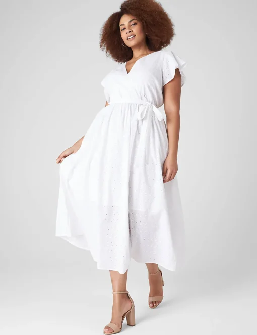 Occasion^Lane Bryant Flutter-Sleeve Eyelet Maxi Dress White