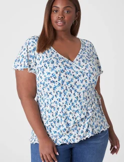 Knit Tops^Lane Bryant Flutter-Sleeve Real Wrap Top Blue Ditsy Floral