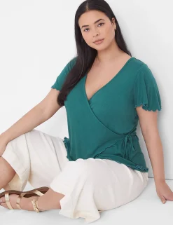 Knit Tops^Lane Bryant Flutter-Sleeve Real Wrap Top Antique Green