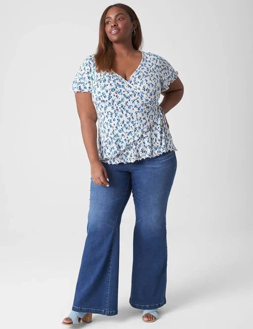 Knit Tops^Lane Bryant Flutter-Sleeve Real Wrap Top Blue Ditsy Floral