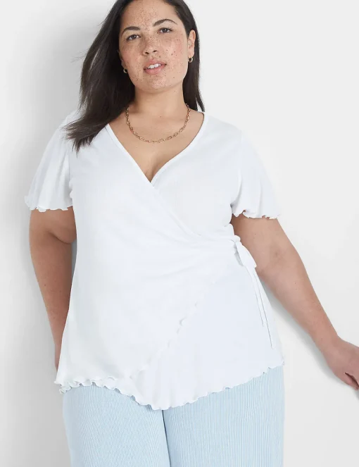 Knit Tops^Lane Bryant Flutter-Sleeve Real Wrap Top White