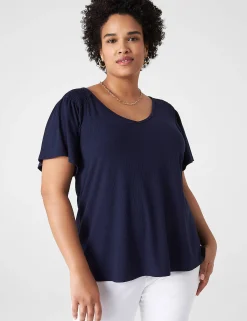 The Tee Shop^Lane Bryant Flutter-Sleeve Smocked Rib Tee Maritime Blue