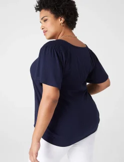 Knit Tops^Lane Bryant Flutter-Sleeve Smocked Rib Tee Maritime Blue