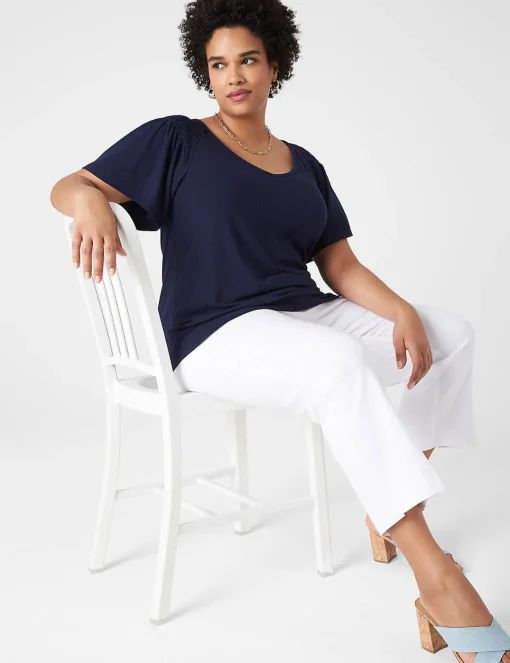 The Tee Shop^Lane Bryant Flutter-Sleeve Smocked Rib Tee Maritime Blue