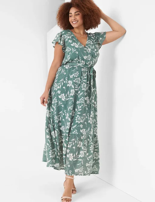 Work Versatile^Lane Bryant Flutter-Sleeve Surplice-Neck Maxi Dress Green Cabo Flower