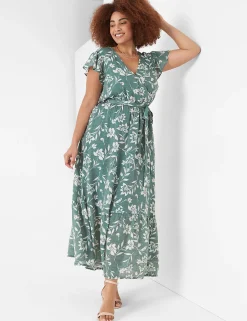 Maxi & Midi^Lane Bryant Flutter-Sleeve Surplice-Neck Maxi Dress Green Cabo Flower