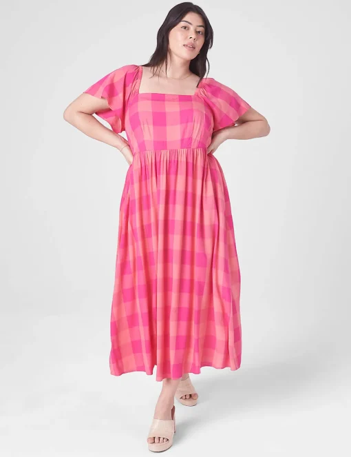 Casual^Lane Bryant Flutter-Sleeve Tie-Back Dress Pink Gingham