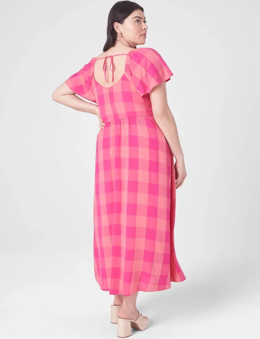Fit & Flare^Lane Bryant Flutter-Sleeve Tie-Back Dress Pink Gingham