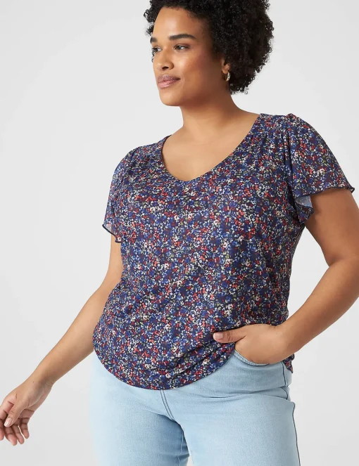 Knit Tops^Lane Bryant Flutter-Sleeve V-Neck Mesh Tee Mia Floral