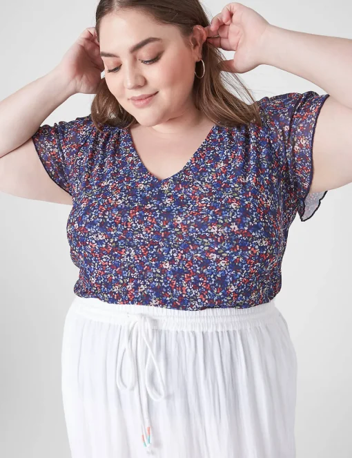 Knit Tops^Lane Bryant Flutter-Sleeve V-Neck Mesh Tee Mia Floral