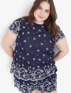 Shirts & Blouses^Lane Bryant Flutter-Sleeve Woven Eyelet & Knit Top Navy