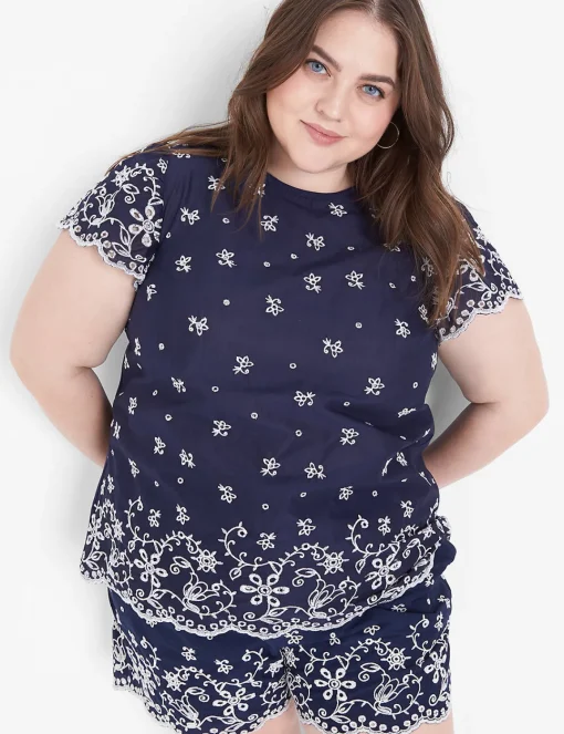 Shirts & Blouses^Lane Bryant Flutter-Sleeve Woven Eyelet & Knit Top Navy