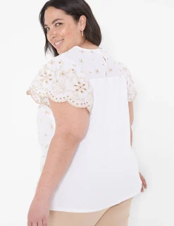 Shirts & Blouses^Lane Bryant Flutter-Sleeve Woven Eyelet & Knit Top White