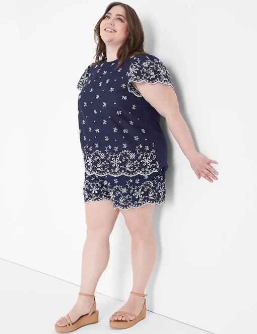 Shirts & Blouses^Lane Bryant Flutter-Sleeve Woven Eyelet & Knit Top Navy